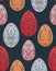 Seamless festive pattern with eggs and folk ornaments on dark background. Wallpaper with Easter treat. Wrapping paper with eggs