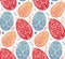 Seamless festive pattern with eggs with folk ornaments. Vector wallpaper with Easter treat. Wrapping paper with eggs with a