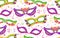 Seamless festive pattern with masks, confetti, ribbon on white background. Flat hand drawn holiday backdrop. Vector texture