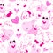 Seamless festive pattern of pink hippos and cats in love