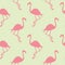 Seamless flamingo bird pattern. Repeated pink animal on yellow