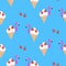 Seamless flamingo icecream cherry bird pattern. Summer blue background