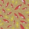 Seamless floral abstract pattern of red-orange and yellow with white stripes of leaves, green-brown circles and background