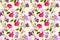Seamless floral background with realistic flowers of zinnia, white dahlia, primrose. Summer print for design textile, wallpaper,