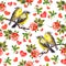 Seamless floral background with roses, birds couple, hearts. Watercolor