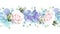 Seamless Floral border with softness roses and purple flowers and small light blue florets on white background. Isolated Ornate