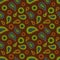 Seamless floral colored pattern with green, blue, brown and orange plants, flowers and leaves on brown or black background. Ethnic