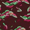 Seamless floral ethnic pattern with colorful autumn leaves on dark bordo background. Modern colors.Vector illustration