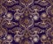Seamless floral folk pattern with gold glitter flowers on violet background