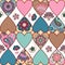 Seamless floral patchwork pattern with hearts and mandalas background. Vector