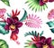 Seamless floral pattern, assorted tropical flowers and leaves isolated on white background, wallpaper with orchids