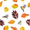 Seamless floral pattern autumn leaves and birds.