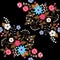 Seamless floral pattern with beautiful bouquets of flowers in folk style isolated on black background. Print for fabric