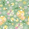 Seamless floral pattern with bees and kittens