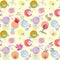 Seamless floral pattern with black silhouette and colorful gardening flowers and round funny spot on light yellow background.