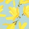Seamless floral pattern with blossoming yellow flowers and green leaves branches Forsythia.