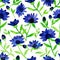 A seamless floral pattern with bold watercolor flowers in shades of marlin and capri blue, accented with chambray