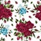 Seamless floral pattern with bordo burgundy navy blue rose flowers bouquets