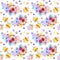 Seamless floral pattern with bouquets of garden flowers, hearts and colorful spots in watercolor style. Summer print for fabric