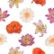 Seamless floral pattern - chamomile, poppy, lotus, royal lily