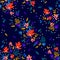 Seamless Floral Pattern. Fashion textile pattern with decorative little flowers and leaves on midnight blue background