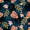 Seamless Floral Pattern. Fashion textile pattern with decorative tropical leaves and flowers on dark blue background