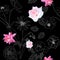 Seamless floral pattern with gardening flowers on black background. Delphinium, rose, epiphyllum, verbena, cosmos