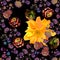 Seamless floral pattern with golden dahlia flower, little paisley and berries on black background. Print for fabric