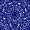 Seamless floral pattern in Gzhel style. Blue circular pattern on a dark background.