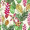 Seamless floral pattern with hand drawn jungle leaves and exotic flowers. Heliconia flowers and tropical leaves