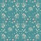 Seamless floral pattern hand drawn small white silhouette flowers in bouquet twigs berries on blueish green background, fabric, sc