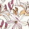 Seamless floral pattern with image of a magnolia and lilies flowers on a beige background.