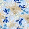 Seamless floral pattern. Large flowers on a blue background. Bright ornament for fabric. Vector endless texture