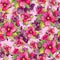 Seamless floral pattern made of red and purple malva flowers on pink background. Watercolor painting.