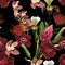 Seamless floral pattern with many kind of dark flowers: orchids, protea, hibiscus on black background.