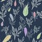 Seamless floral pattern with multicolored leaves and white outline branches on dark blue background. Doodle. Spring/summer pattern