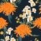 Seamless floral pattern. Orange Japanese national flower chrysanthemum and herbs.