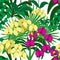 Seamless floral pattern with orchids and tropical plants on white background. Ready for print.