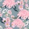 Seamless floral pattern. Pink Japanese national flower chrysanthemum and herbs.