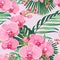 Seamless floral pattern. Pink purple orchid phalaenopsis with green jungle palm tree exotice tropical leaves.