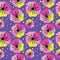 Seamless floral pattern in pink tones on a lilac background.