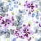 Seamless floral pattern with purple fantasy flowers, branches with green and blue leaves and herbs and yellow lemongrass