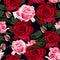 Seamless floral pattern with red, pink and green leaves roses on black background