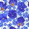Seamless floral pattern in shades of blue. Realistic Pansies and Forget-me-nots.