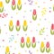 Seamless floral pattern with tulips, hearts and twigs with leaves. Cute  colored vector