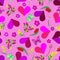 Seamless floral pattern, vector. Wildflowers, hearts ,butterflies on pink background.