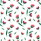 Seamless floral pattern. Watercolor background with abstract red and pink lilly and lotus flowers, leaves for textile, wallpapers