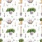 Seamless floral pattern. Watercolor background with flower in boot, flowers in bucket, Shovel, flower scoop, mini forks for