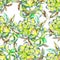 A seamless floral pattern with the watercolor green and yellow exotic flowers and brown leaves