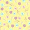 A seamless floral pattern with watercolor hand-drawn blue and purple spring flowers